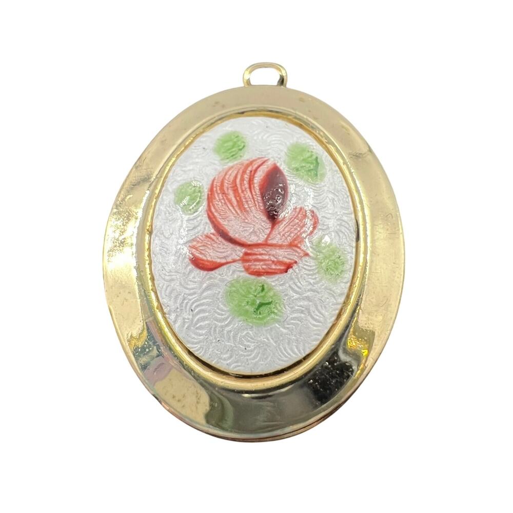 Vintage Victorian MCM‎ Style Gold Tone Oval Pink Floral Iris Locket NO CHAIN